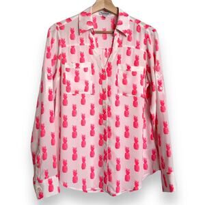 Express Portofino Shirt Pink Pineapples V Neck Roll Tab Sleeve Shirt Womens S